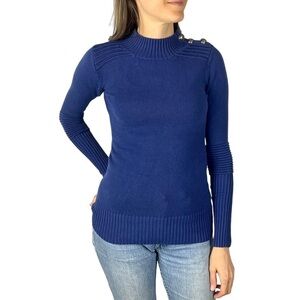 PATTYBOUTIK INDIGO RIBBED COTTON MOCK NECK PULLOVER SWEATER